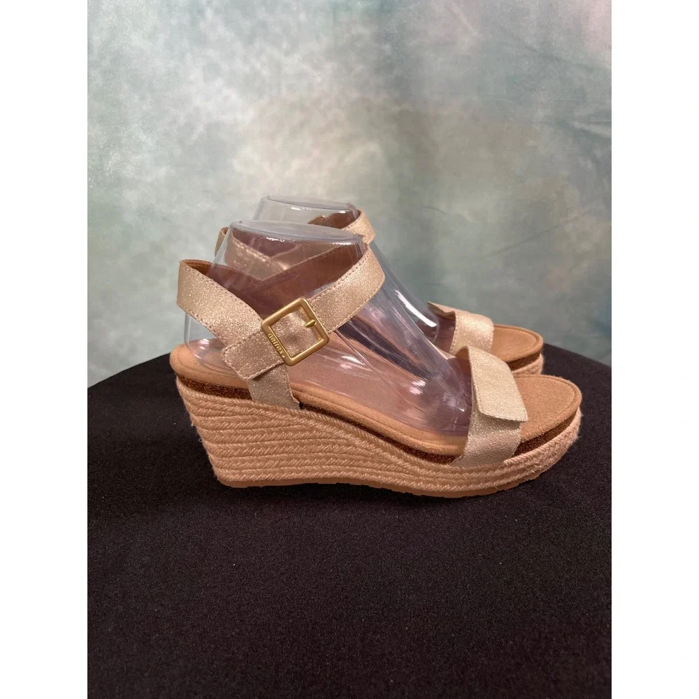 Aetrex Sydney Champagne Gold Shimmer Leather Espadrille Wedge Sandals Womens 10